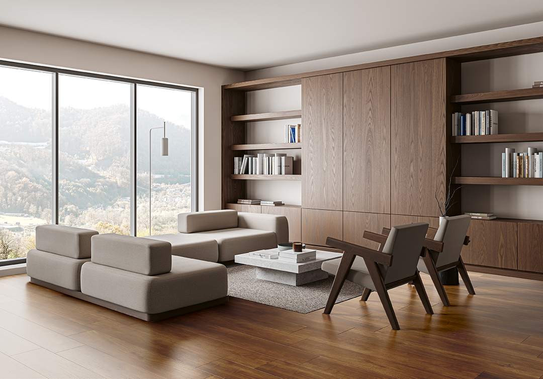 A,Modern,Living,Room,With,Beige,Furniture,And,Large,Windows