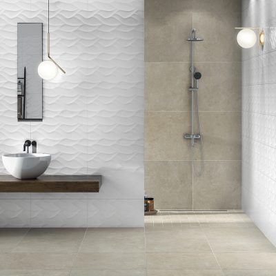 Azulejo branco 3D com acabamento brilhante numa casa de banho moderna - More Natur Glossy da Recer