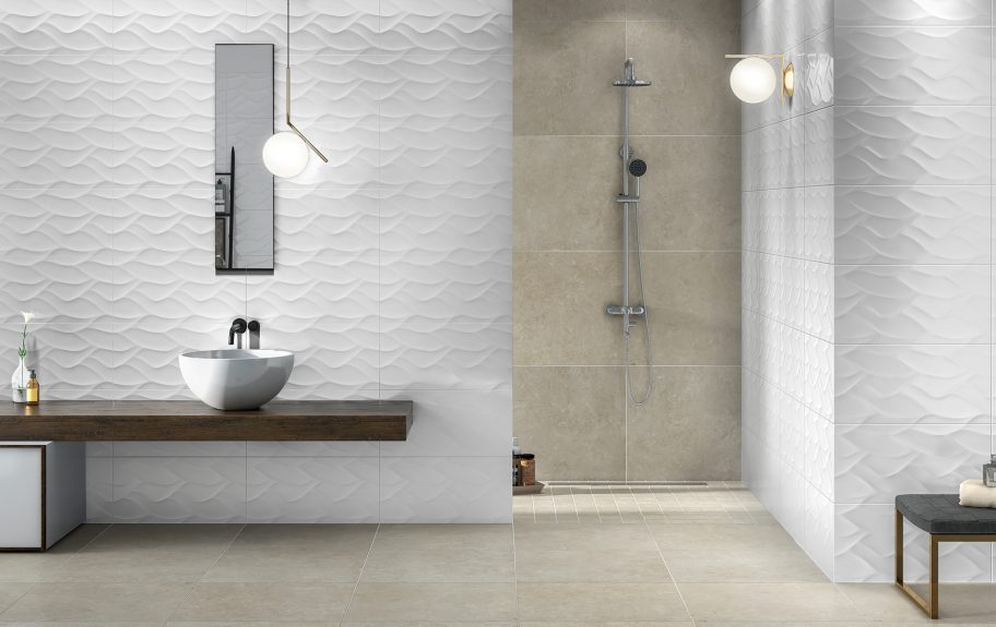 Azulejo branco 3D com acabamento brilhante numa casa de banho moderna - More Natur Glossy da Recer