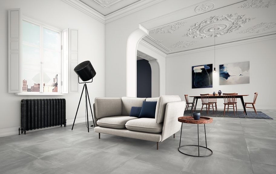 Cerâmica com efeito gesso e cimento para sala elegante - Sphata da Recer