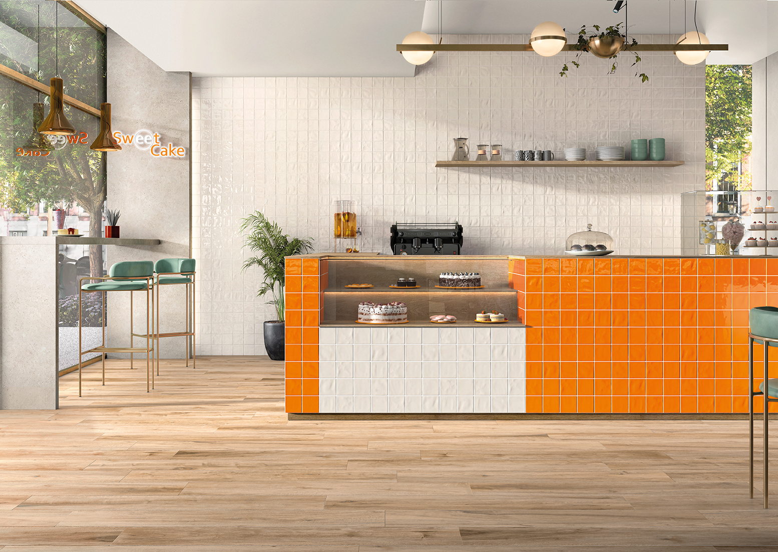 Twist Soft Cream M10x10, Twist Orange Sunset M10x10, Live Sun Wood 120x20R (sem cadeira)