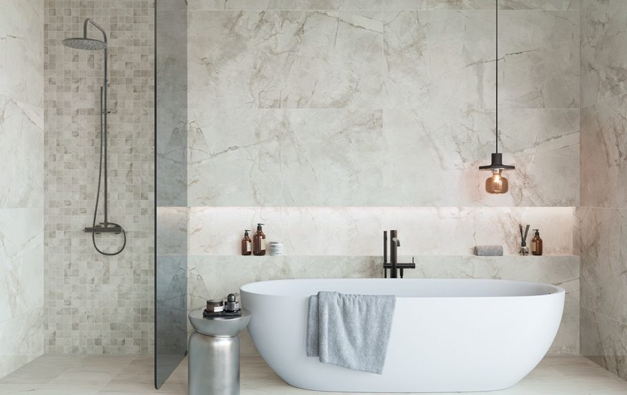 Cerâmica com efeito Mármore Quartzito Mont Blanc para casas de banho luxuosas - Griseo da Recer