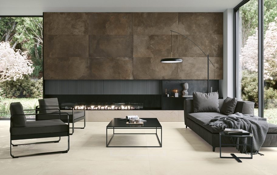 Cerâmica com efeito oxidado para casas salas urbanas - Metalcrete Corten e Warm Platinum 120x60 da Recer