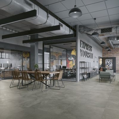 Cerâmica com efeito oxidado para escritórios corporativos urbanos