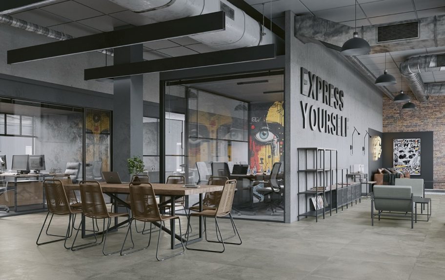 Cerâmica com efeito oxidado para escritórios corporativos urbanos - Metalcrete Iron 90x90R da Recer