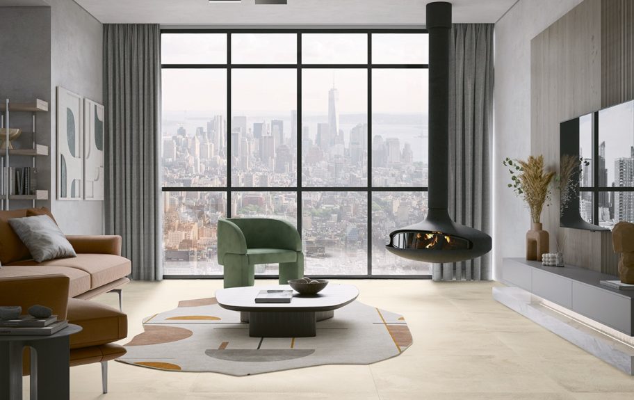 Cerâmica com efeito oxidado para salas urbanas - Metalcrete Warm Platinum 90x90r da Recer