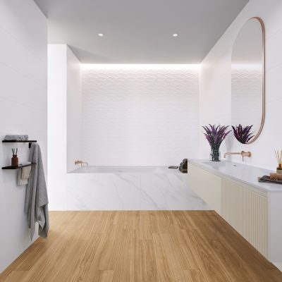 Cerâmica com visual de madeira para casas de banho de estilo escandinavo - Opal Honey da Recer