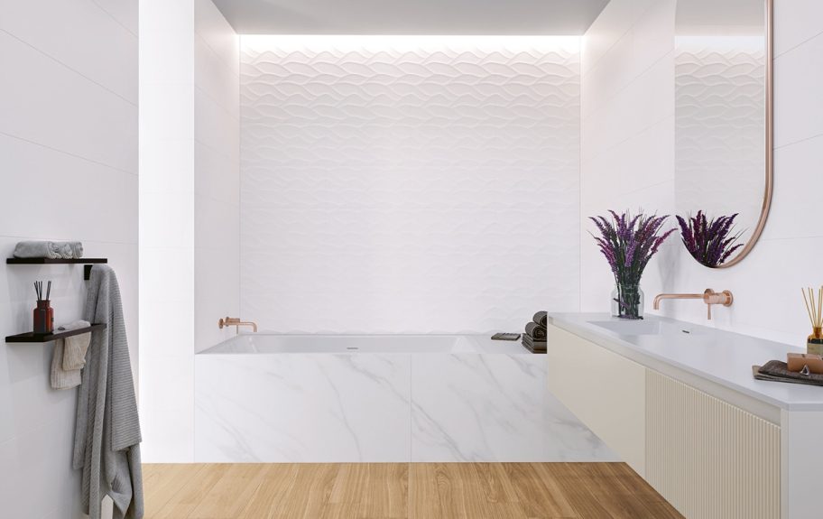 Cerâmica com visual de madeira para casas de banho de estilo escandinavo - Opal Honey da Recer