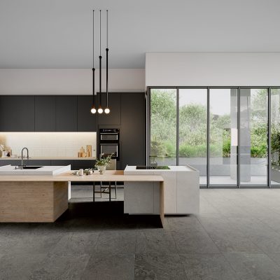 Cerâmica com efeito de pedra sedimentada para cozinhas urbanas e elegantes - Palazzo Grey 60x60 da Recer