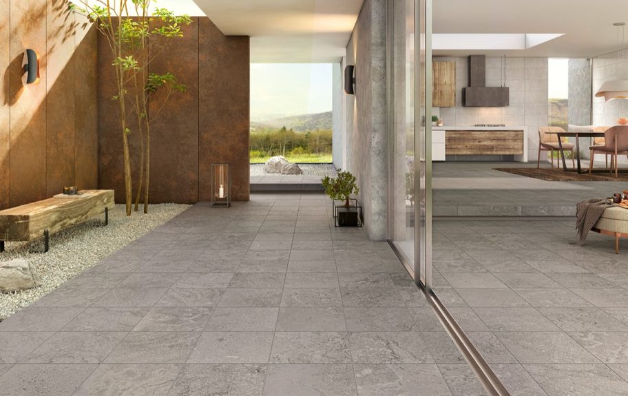 Cerâmica com efeito de pedra sedimentada para interiores e exteriores urbanos - Palazzo Light Grey da Recer