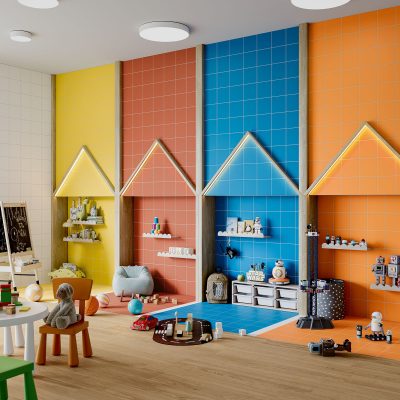 Espaço infantil criativo e colorido com cerâmicas da Recer, nas séries Projectos e Opal