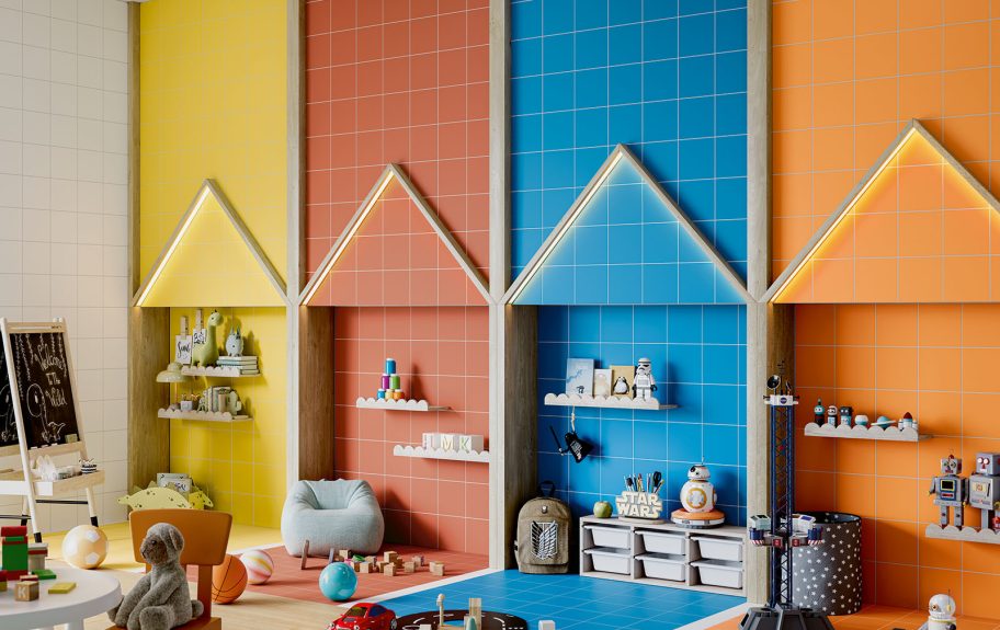 Espaço infantil criativo e colorido com cerâmicas da Recer, nas séries Projectos e Opal