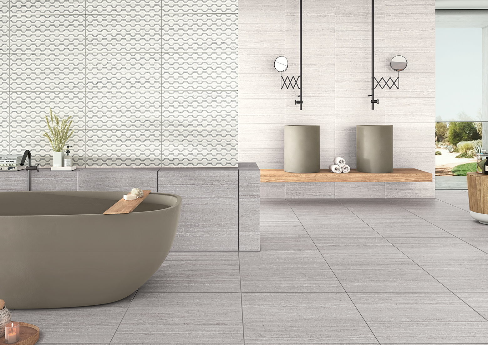 Ambiente Travertin Dark Grey 60x60, Travertin Grey 30x60 Rev e Travertin Decor Grey 30x60 Rev