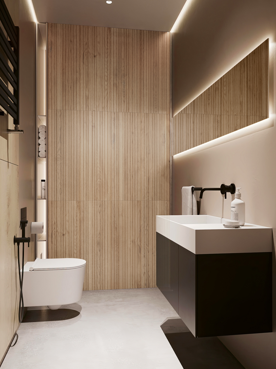 Modern,,Luxury,Bathroom,With,Vanity,Counter,,Black,Washbasin,,Mirror,,